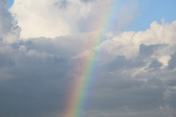 A rainbow shown vertically in front of clouds and blue sky.