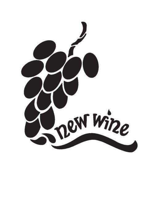 A black bunch of grapes on a white background with the text "new wine"