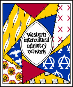 Patch work quit drawing in yellow, red, blue, with Western Intercultural Ministry Network in a black oval/ fish in the middle. 