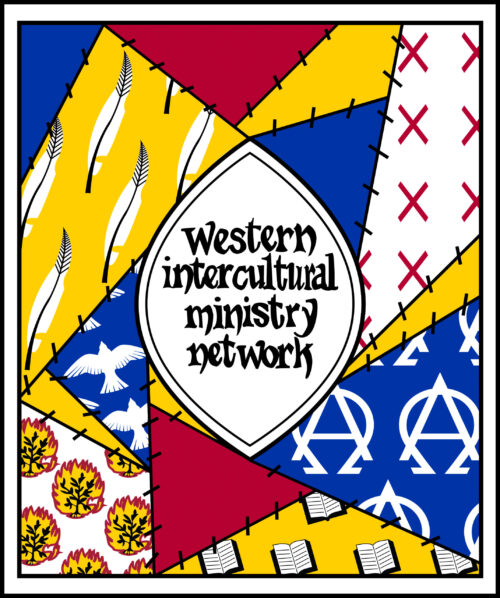 Patch work quit drawing in yellow, red, blue, with Western Intercultural Ministry Network in a black oval/ fish in the middle.