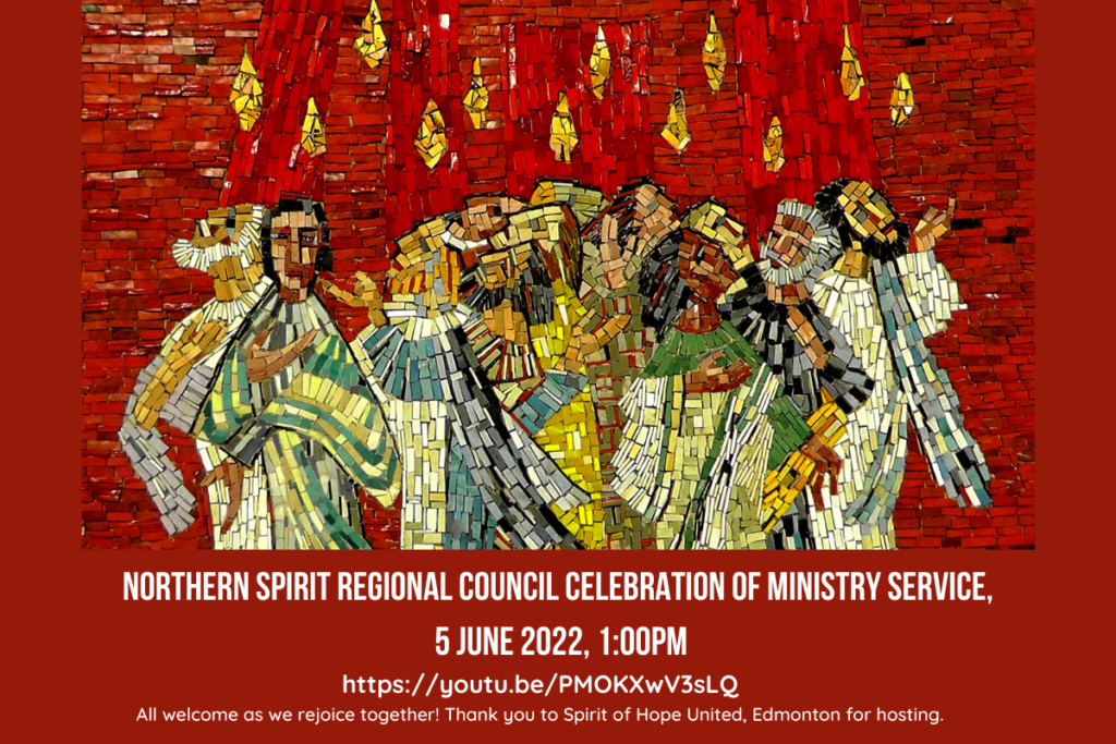 Mosaic of the disciples receiving the holy spirit at Pentecost, with the words "Northern Spirit Regional Council Celebration of Ministry service, 5 June 2022, 1:00PM"