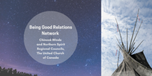 A tipi against blue sky and clouds with the words "Being Good Relations Network" in a grey circle.