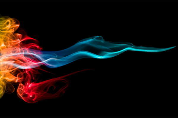 Stylised orange flame to the left and a thin blue flame or mist moving to the centre right, on a black background.