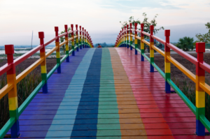 A curving wooden footbridge with a rainbow flag painted on the deck. 