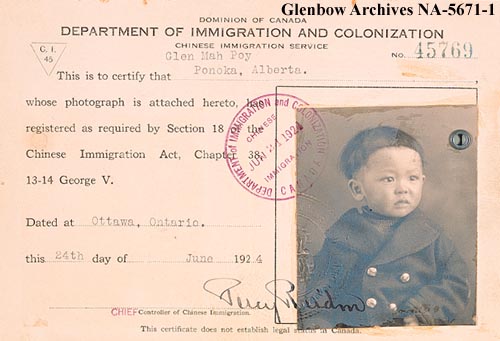 A Canadian identity certificate for Chinese Canadians, 1920s. 
