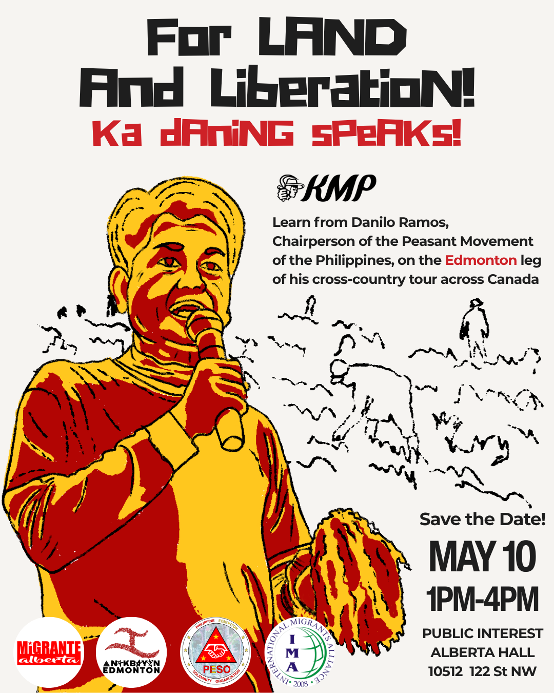 An orange and yellow drawing of person soeaking into a mic. For poster info please see the event description text.