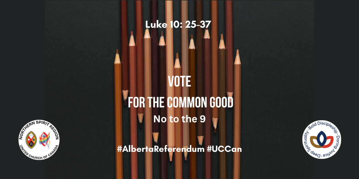 Brown, black, and pink pencils arranged as a heart. Text overlay: Luke 10:25-37, followed by Vote for the Common Good. No to the Nine. 