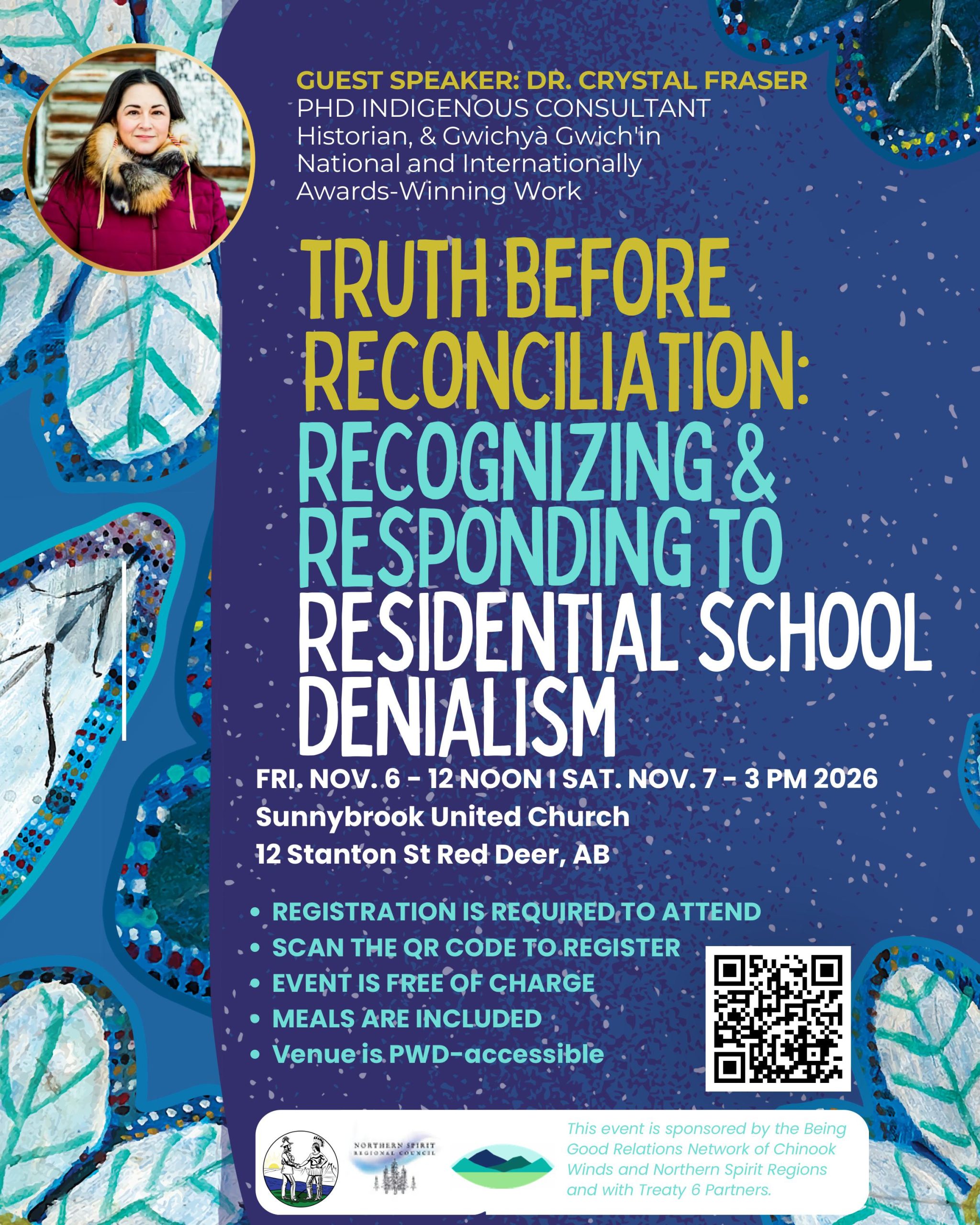 A blue background with blue and white leaves. Title in Yellow, blue, and white text: Truth Before Reconciliation, decolonizing and responding to residential school denialism. Other info on the poster is contained in the accompanying post.
